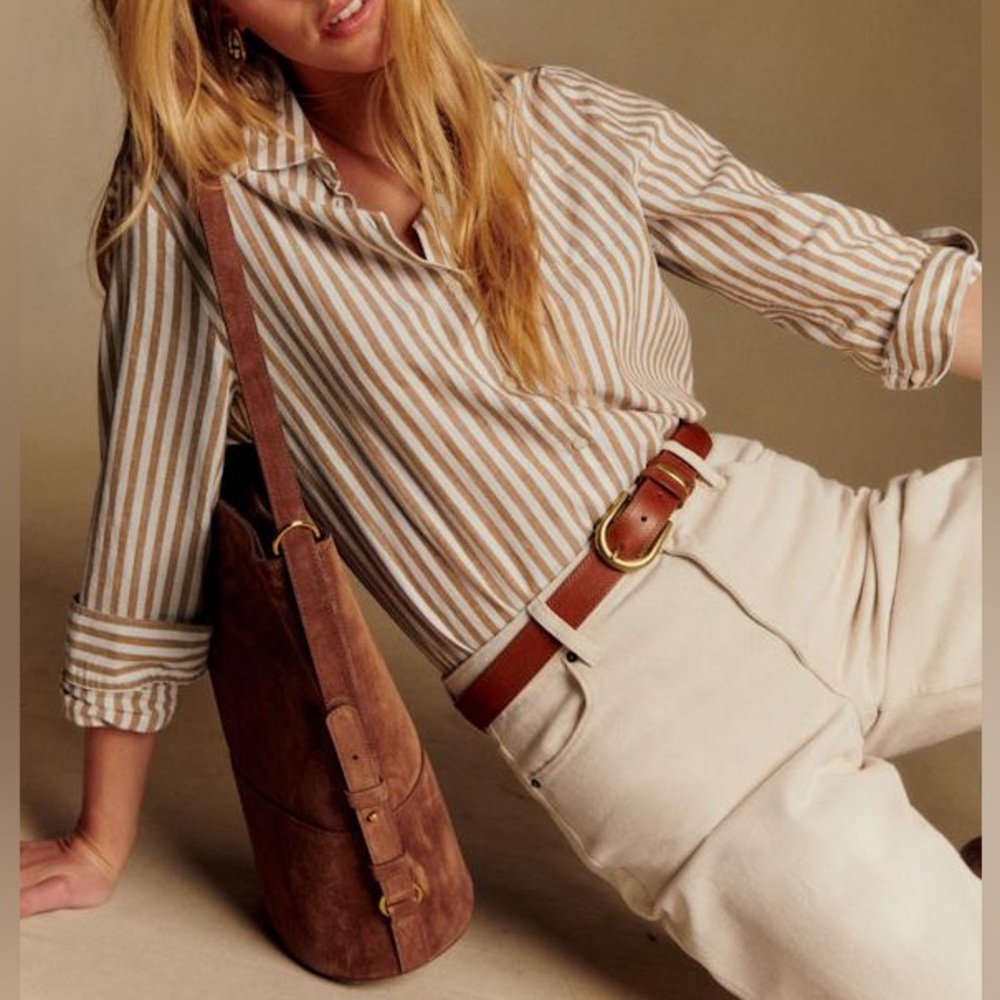 Sézane Tomboy Shirt in Ecru/Camel Stripe